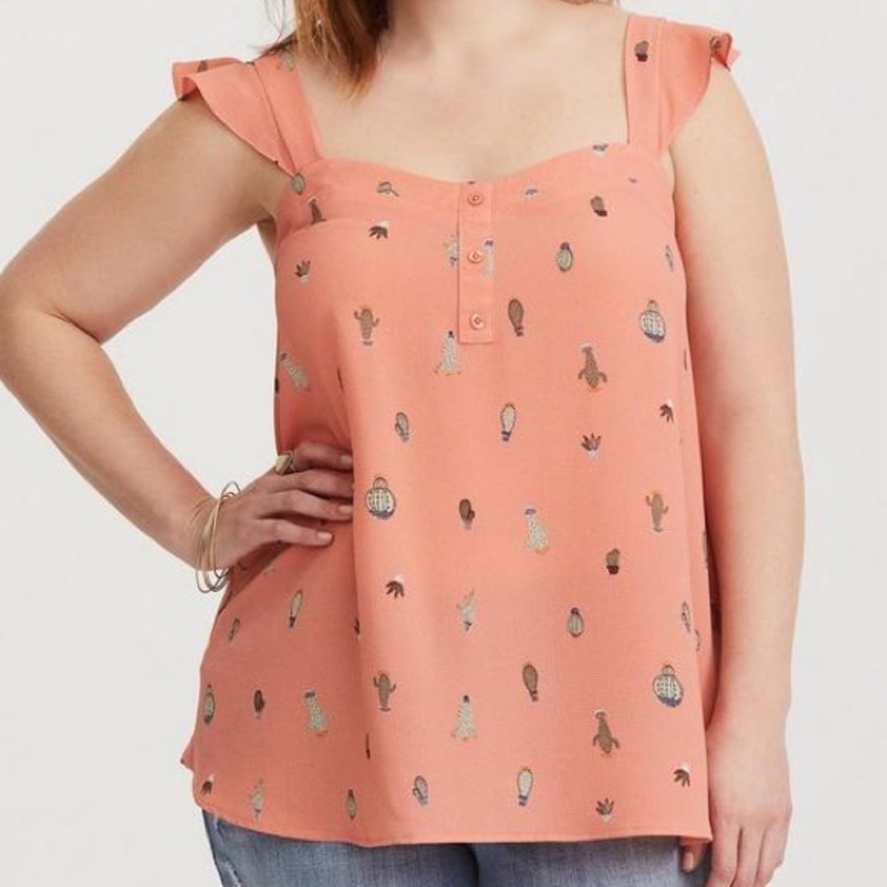 Torrid New Size‎ 2X Coral Cactus Ruffle Crepe Tank Top Blouse